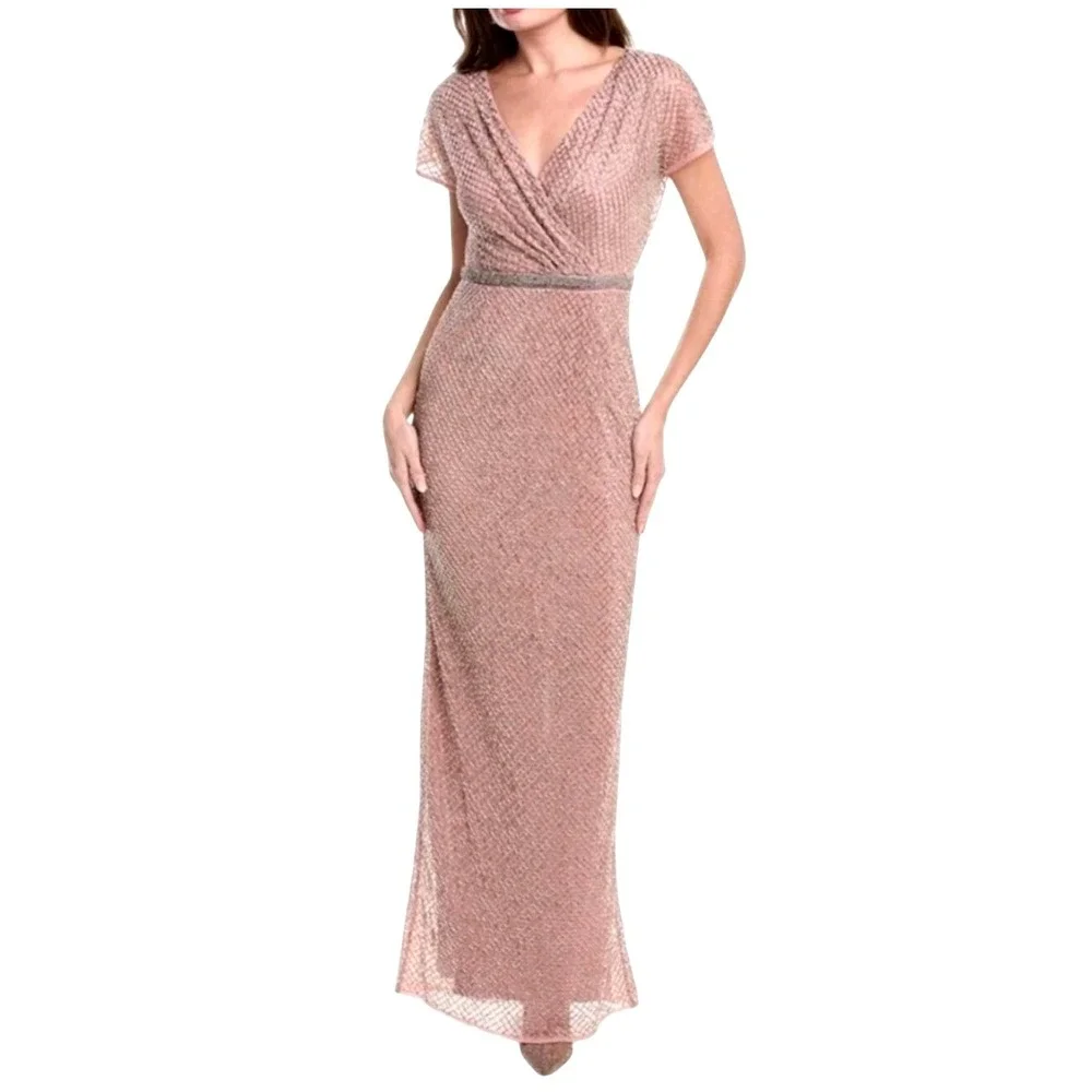 Mac Duggal 93787 Lattice Beaded Wrap VNeck Cap Sleeve Rose Pink Gown‎ Size 14